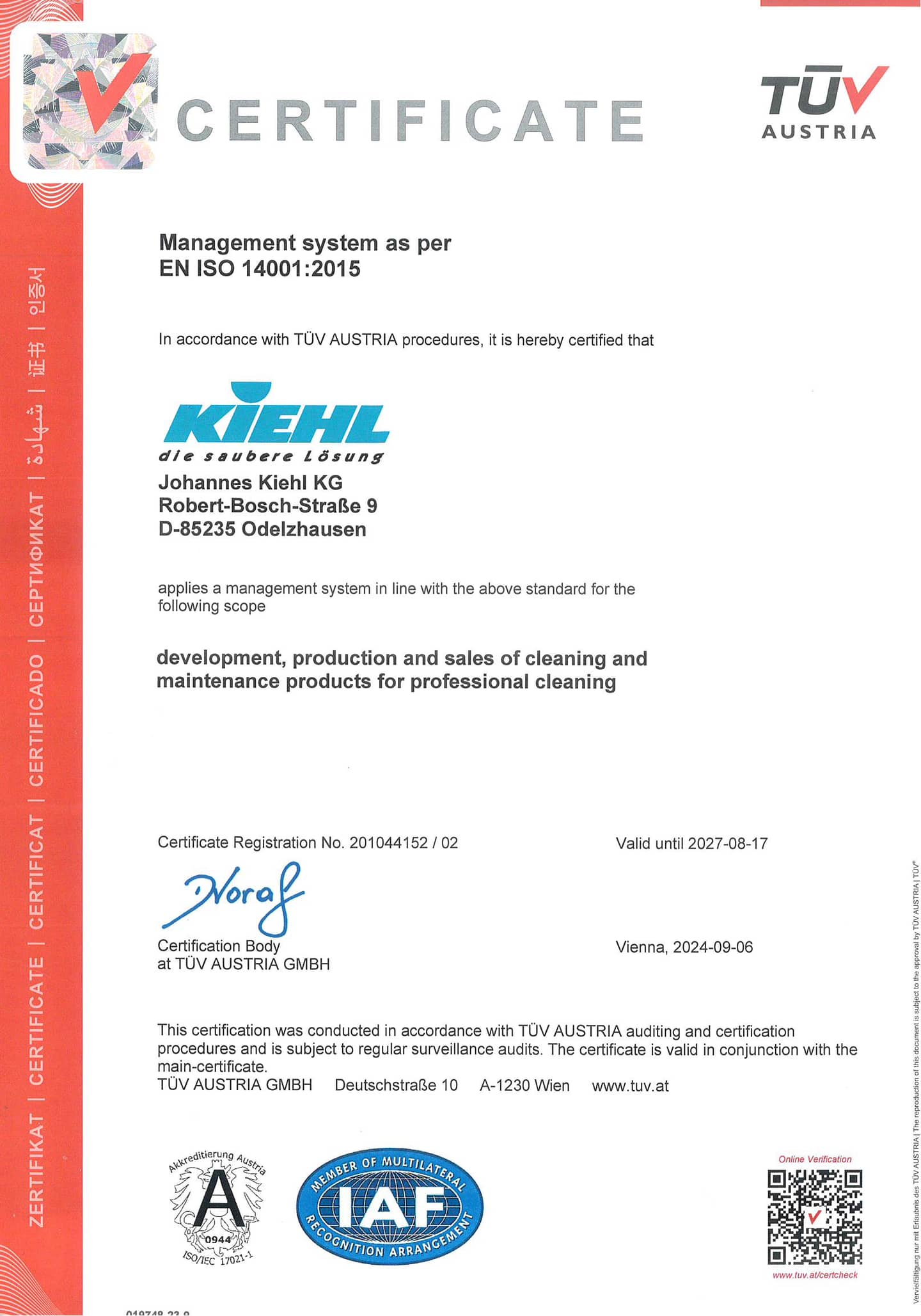 Сертификат TÜV AUSTRIA EN ISO 14001 системы экологического менеджмента Johannes Kiehl KG
