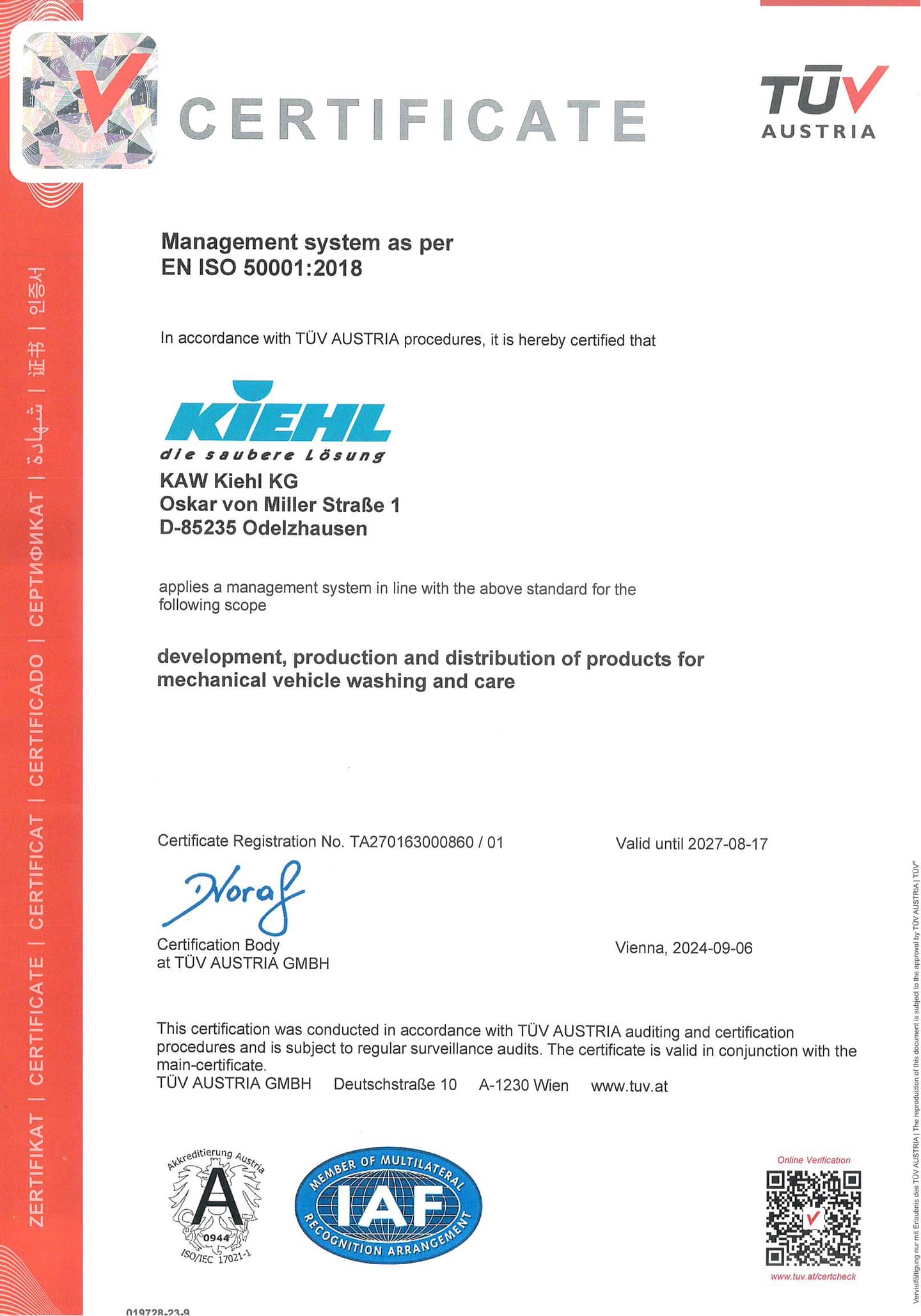 Сертификат TÜV AUSTRIA EN ISO 50001 системы энергоменеджмента KAW Kiehl KG